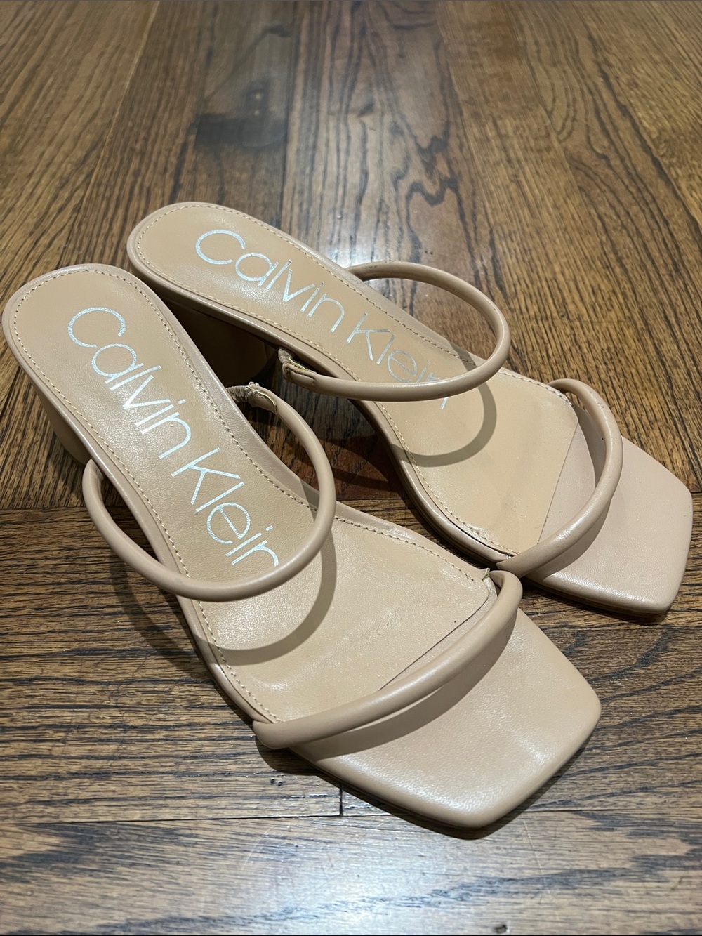 Calvin Klein Women's Beige Minimalist Double-Strap Square-Toe Heels